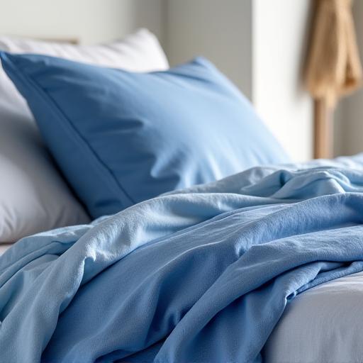 Ropa de cama en tonos azules y blancos que recuerdan al Mediterráneo.