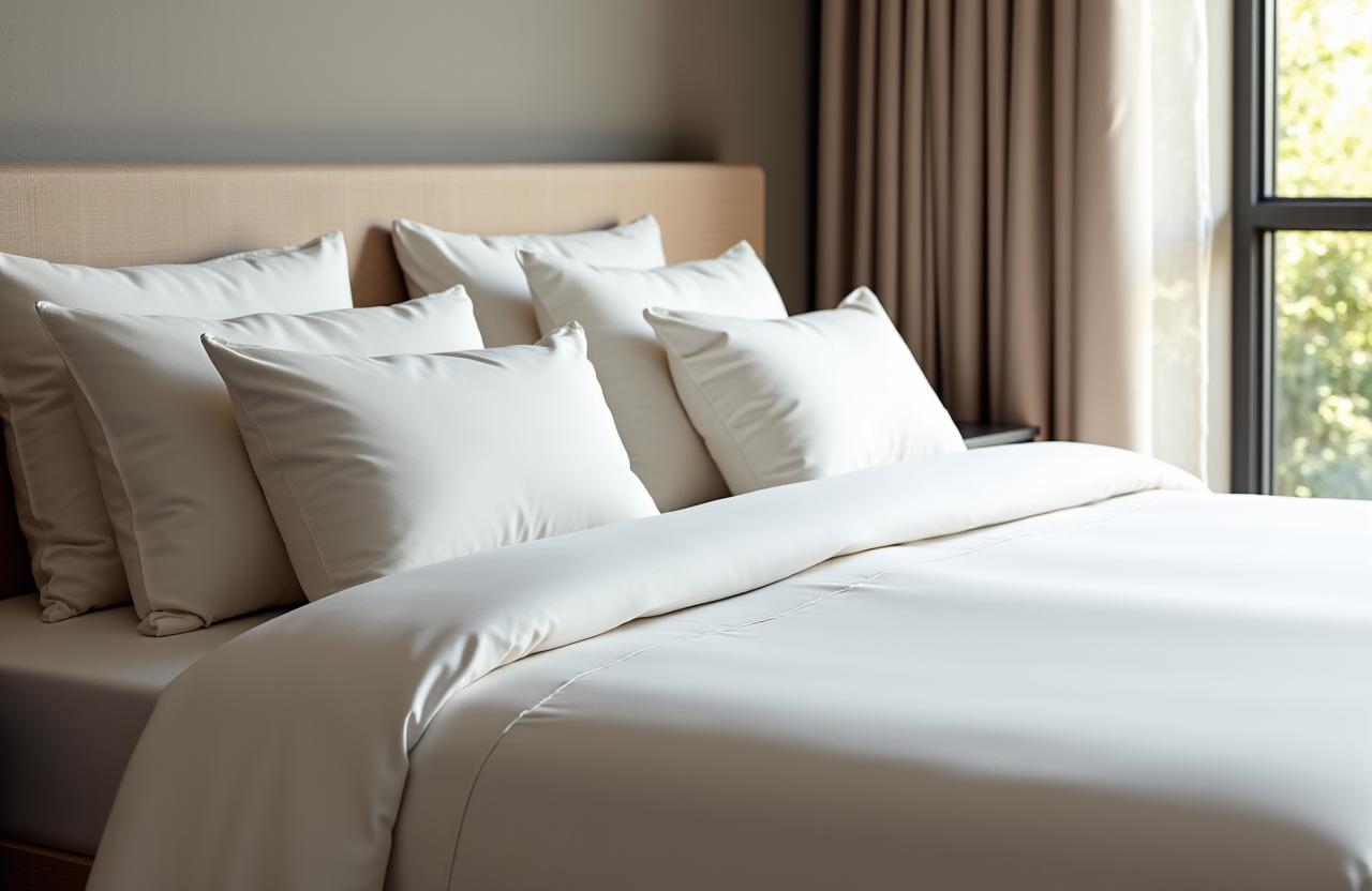 Una cama lujosamente vestida con sábanas blancas y cojines decorativos de Sueños de Algodón.