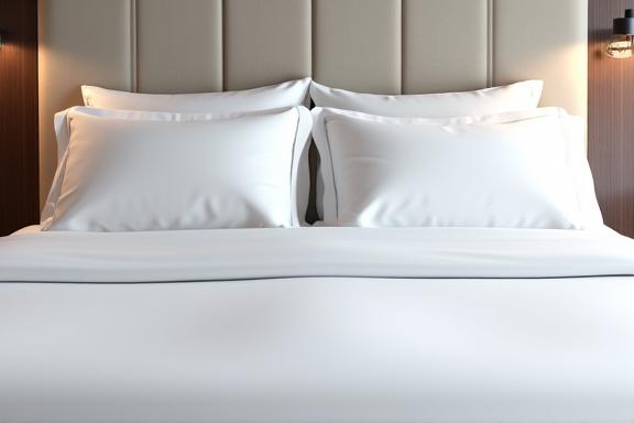 Una cama de hotel impecablemente hecha con sábanas blancas de alta calidad.